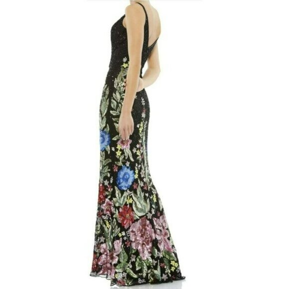 Mac Duggal $798 Black Sequins Floral Maxi Dress Formal Beaded Gown Size 4 NWT - Picture 3 of 12